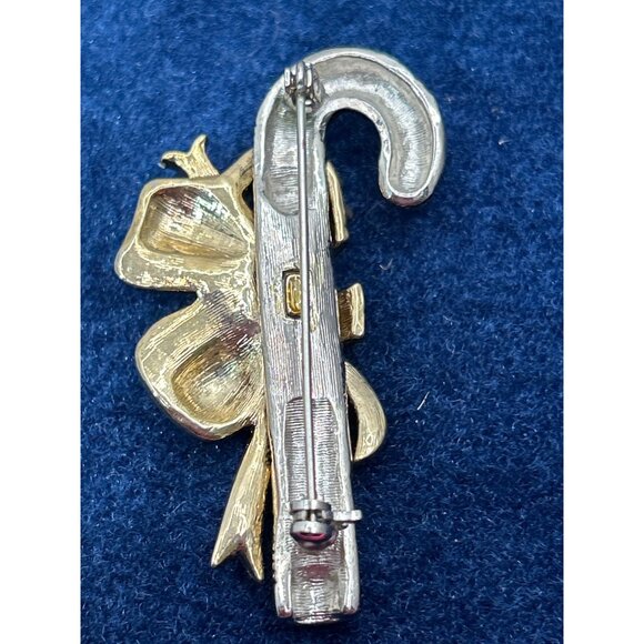 Candy Cane Brooch Pin With Emerald-Like Gemstone & Gold-Tone Bow - Picture 2 of 3